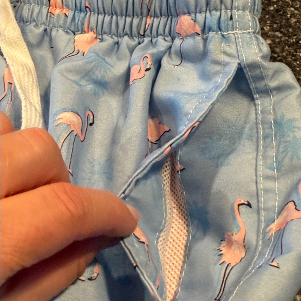Blue Flamingo Print Swim Trunks with Pink Liner - Picture 10 of 12